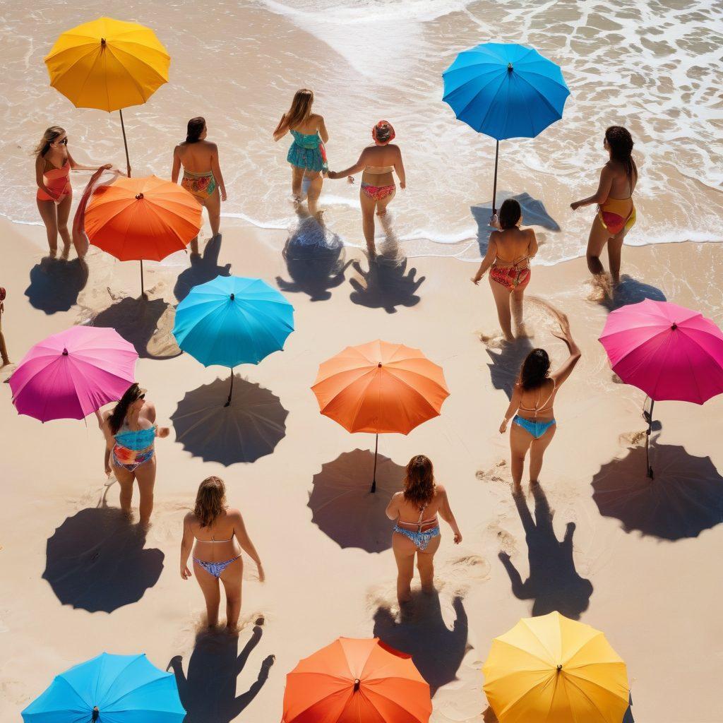 A vibrant beach scene showcasing a diverse group of people joyfully trying on colorful and trendy beachwear. Include parasols, beach balls, and surfboards to reflect summer spirit, with a sunny sky and soft waves in the background. The beachgoers should represent various styles and sizes, embracing affordability and fashion in their outfits. Emphasize bright colors and a lively atmosphere. super-realistic. vivid colors. summertime.